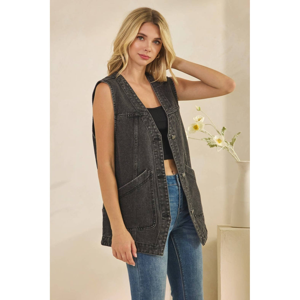 Dark denim sleeveless vest with V-neck and front patch pockets, button front