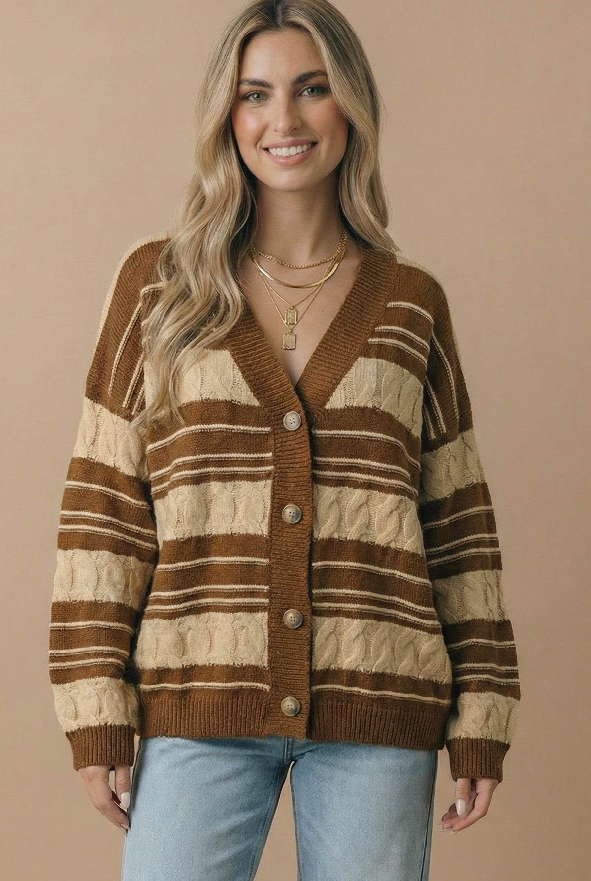 Caramel V-neck striped cable button-down cardigan with front buttons and long sleeves
