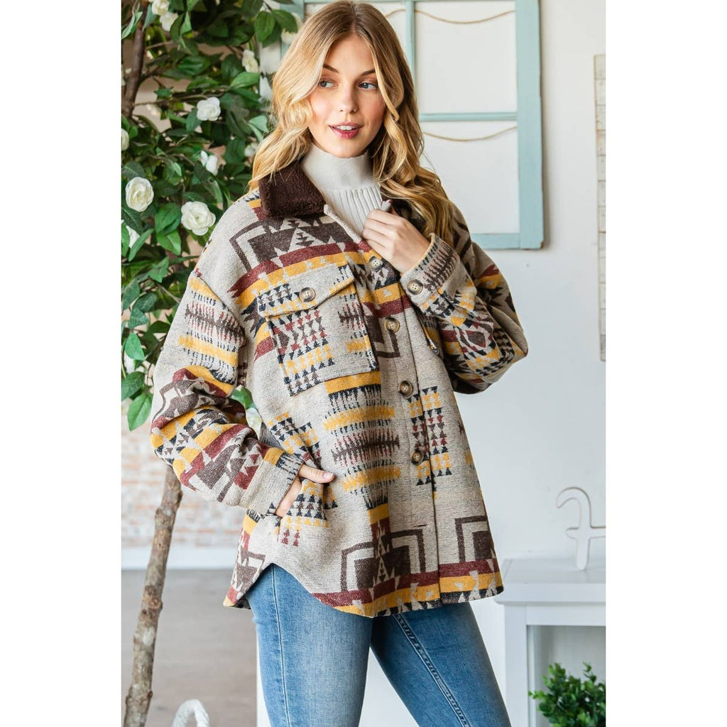 Taupe patterned thick knit shacket with button front, patchwork motifs, and stand collar