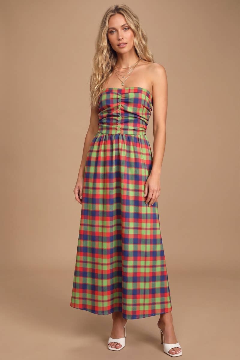 Plaid strapless maxi dress with multicolor grid print, front button detail