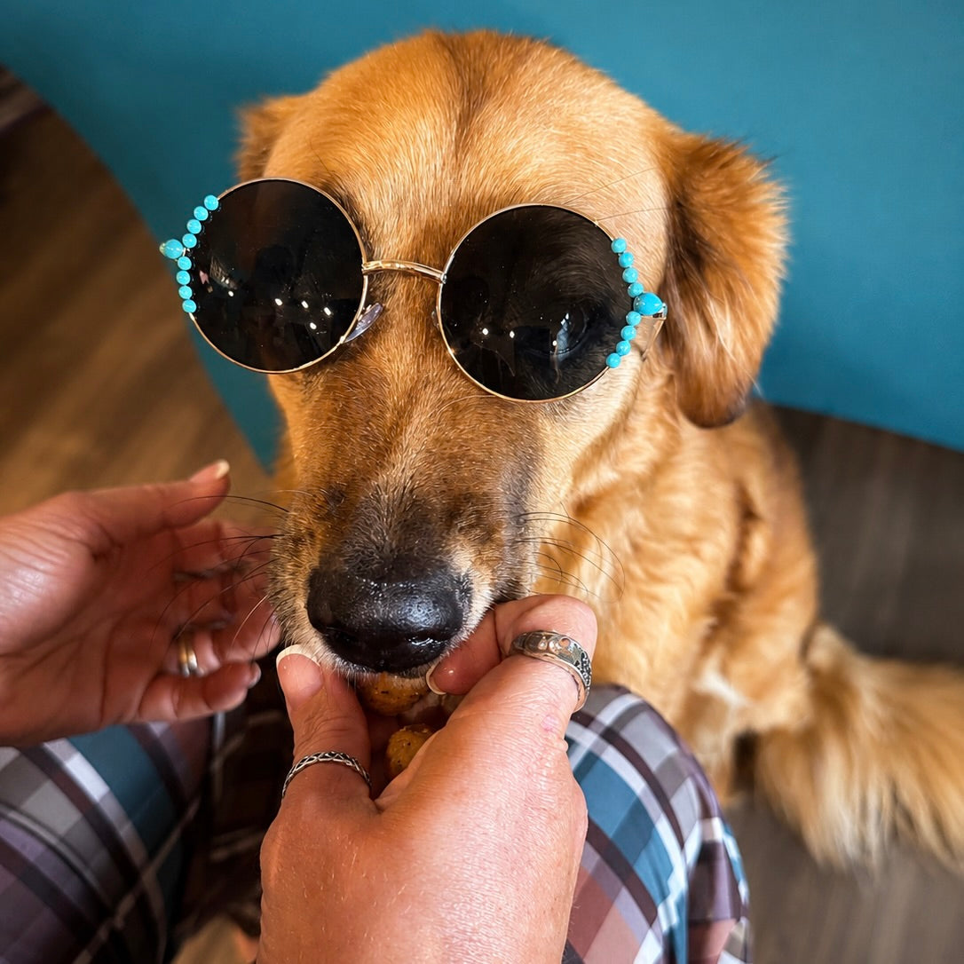 Turquoise sunglasses with black round lenses and teal beaded temple accents