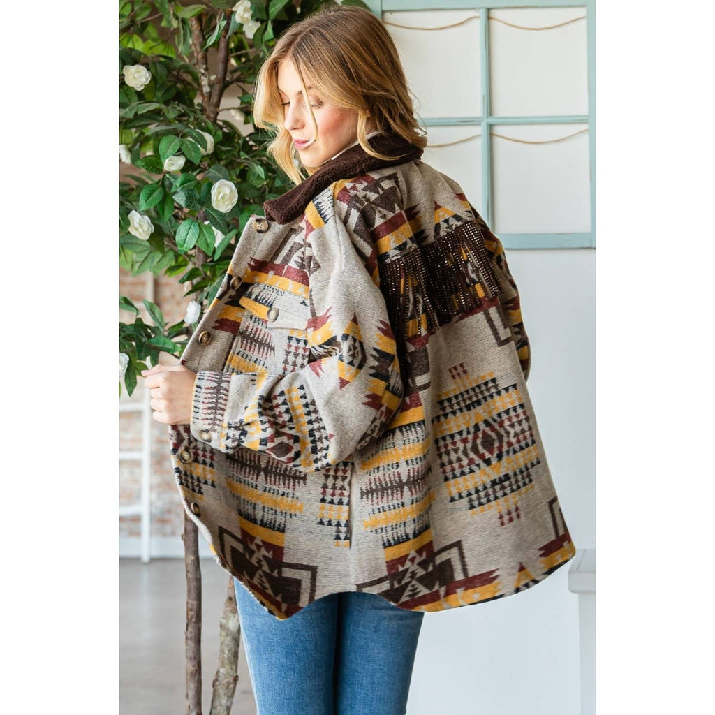 Taupe patterned thick knit shacket, front detail with buttons and textured patchwork