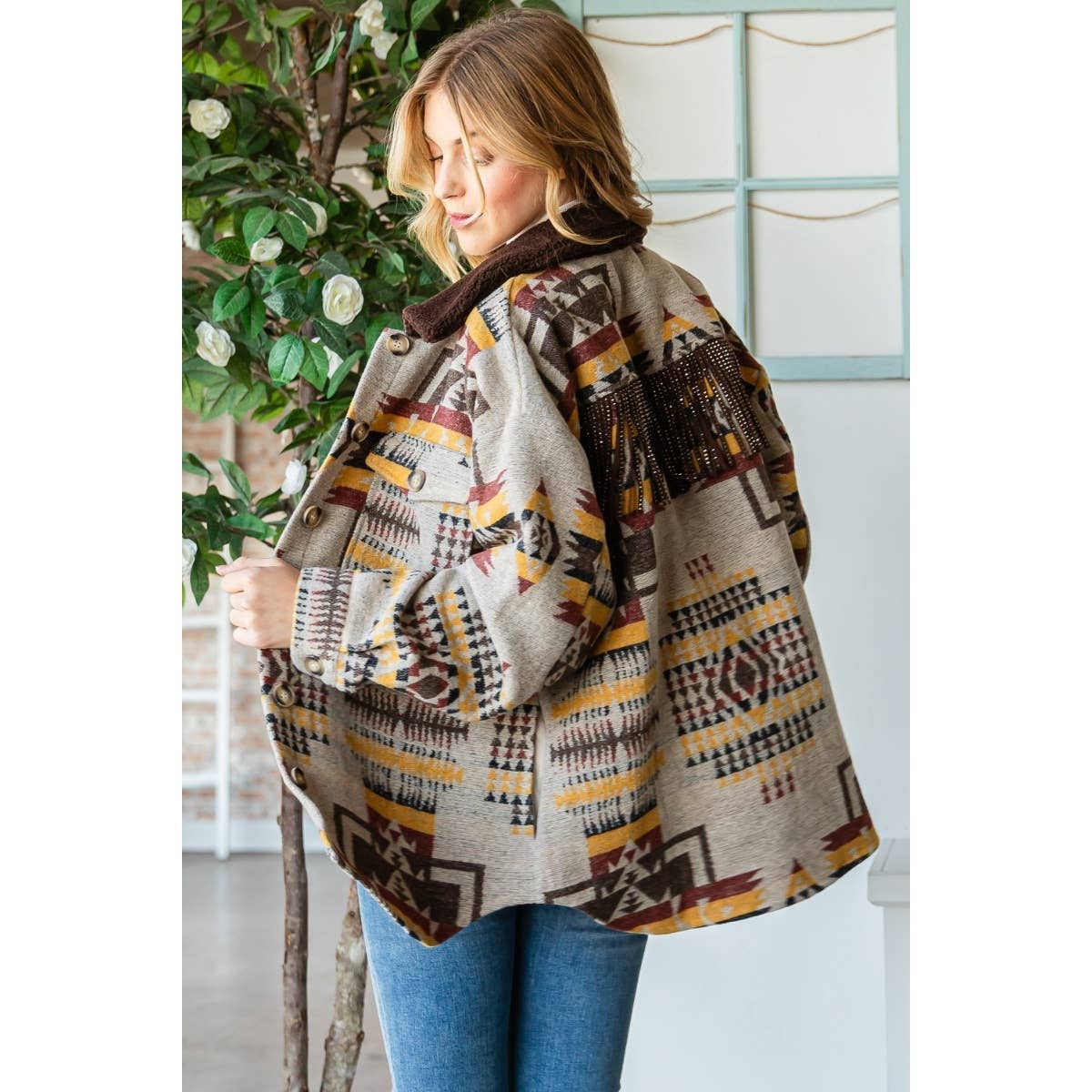 Taupe patterned thick knit shacket, front detail with buttons and textured patchwork