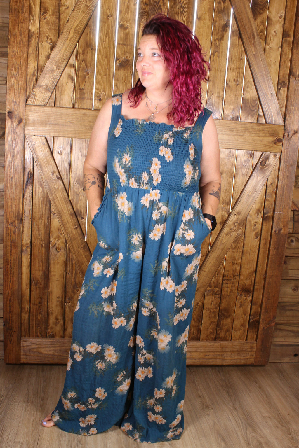 Teal Floral Smocked Jumpsuit