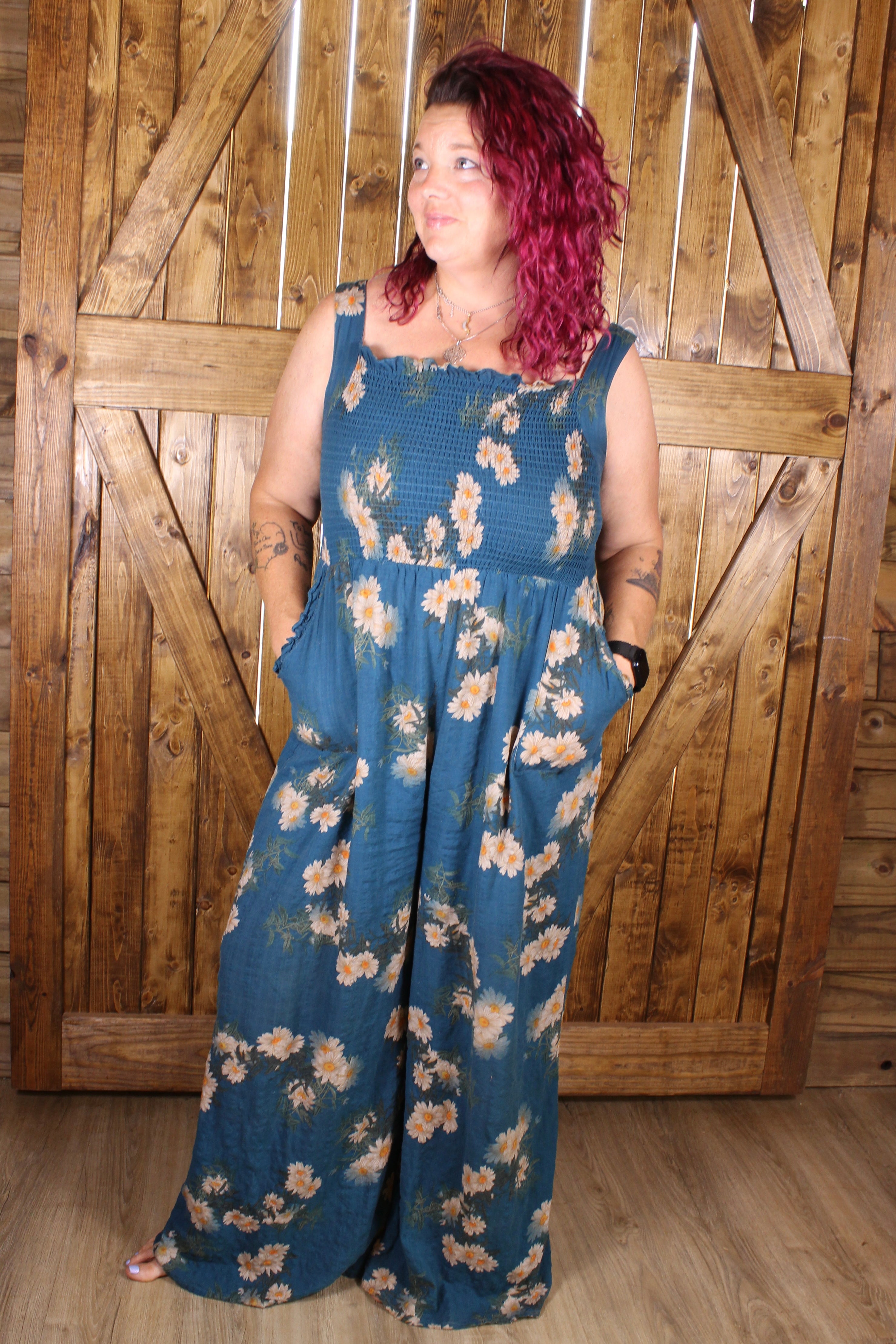 Teal Floral Smocked Jumpsuit