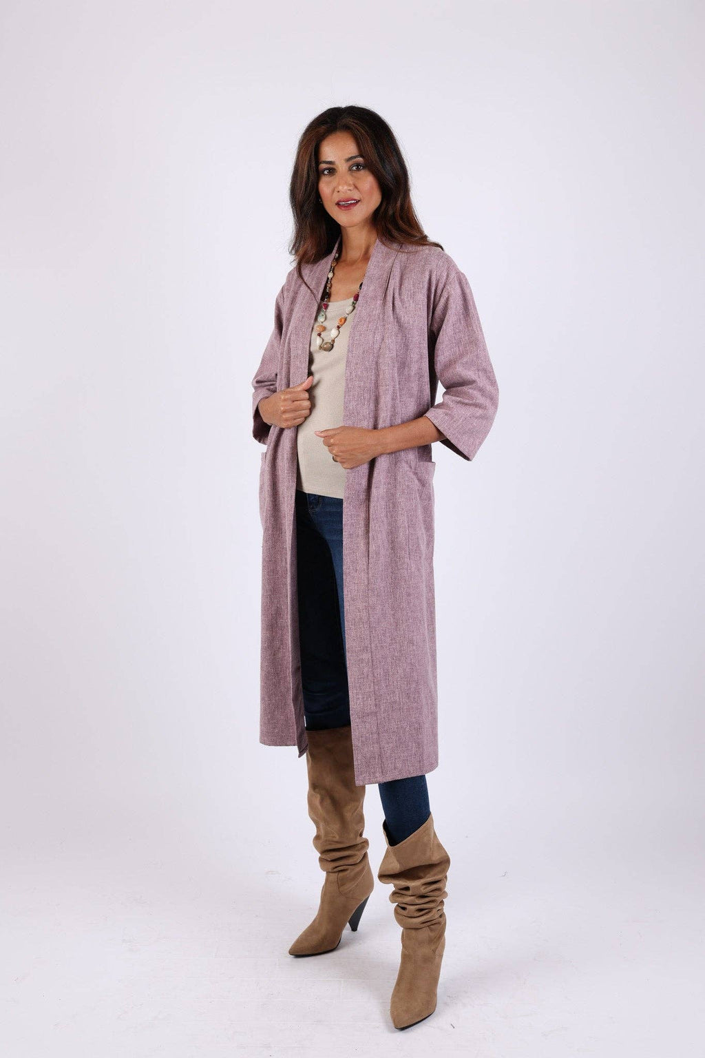 Lavender long cotton cardigan robe, tied waist belt with open front and patch pockets