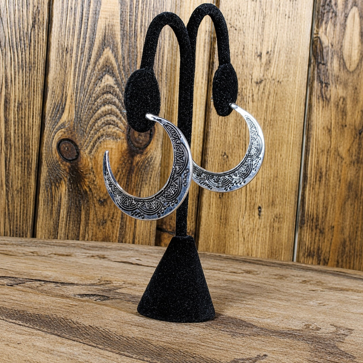 Boho half-moon hoop earrings, silver-tone with engraved bohemian pattern