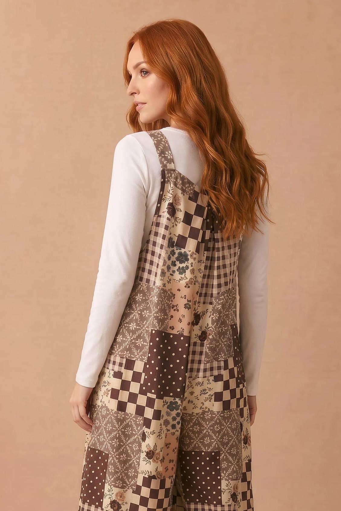 Brown floral patchwork overalls shown from side, wide-leg patchwork bib