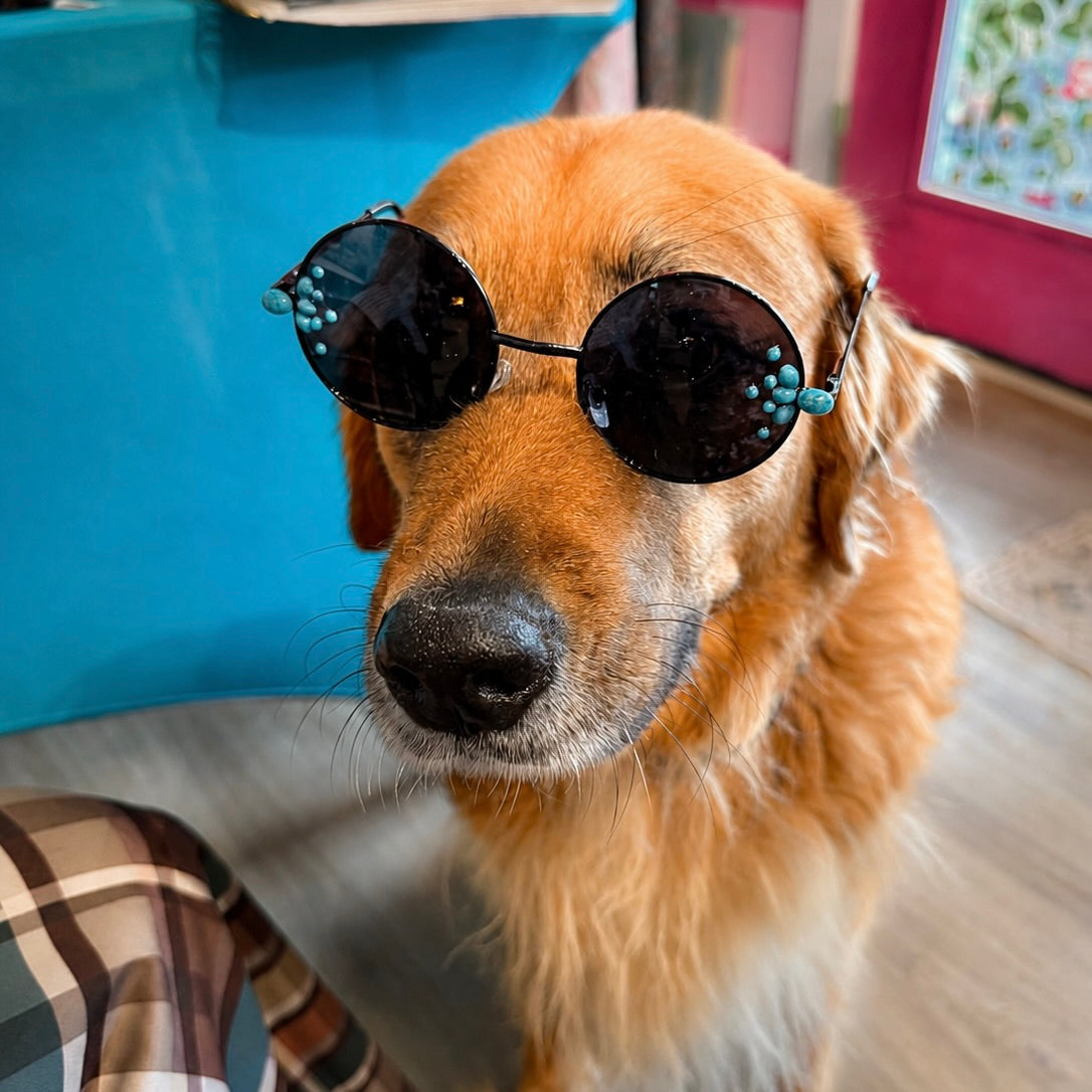 Turquoise sunglasses featuring black round lenses and teal bead trim on the frame edges