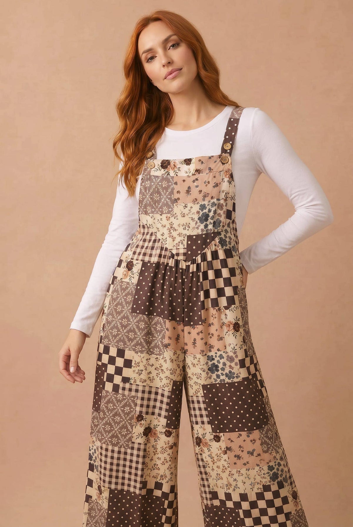 Brown patchwork wide-leg overalls with floral blocks and adjustable bib straps
