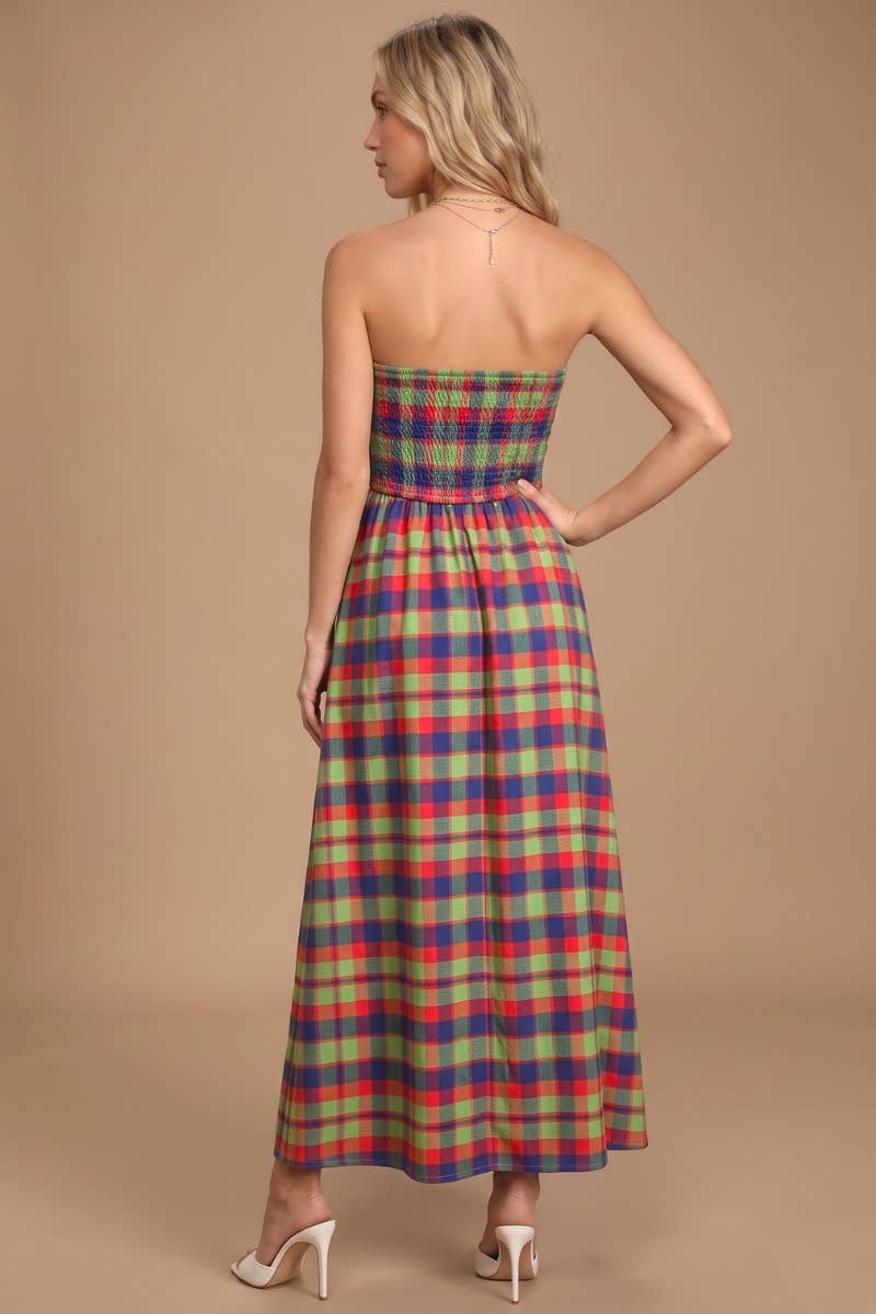 Plaid strapless maxi dress with multicolor check pattern and back view