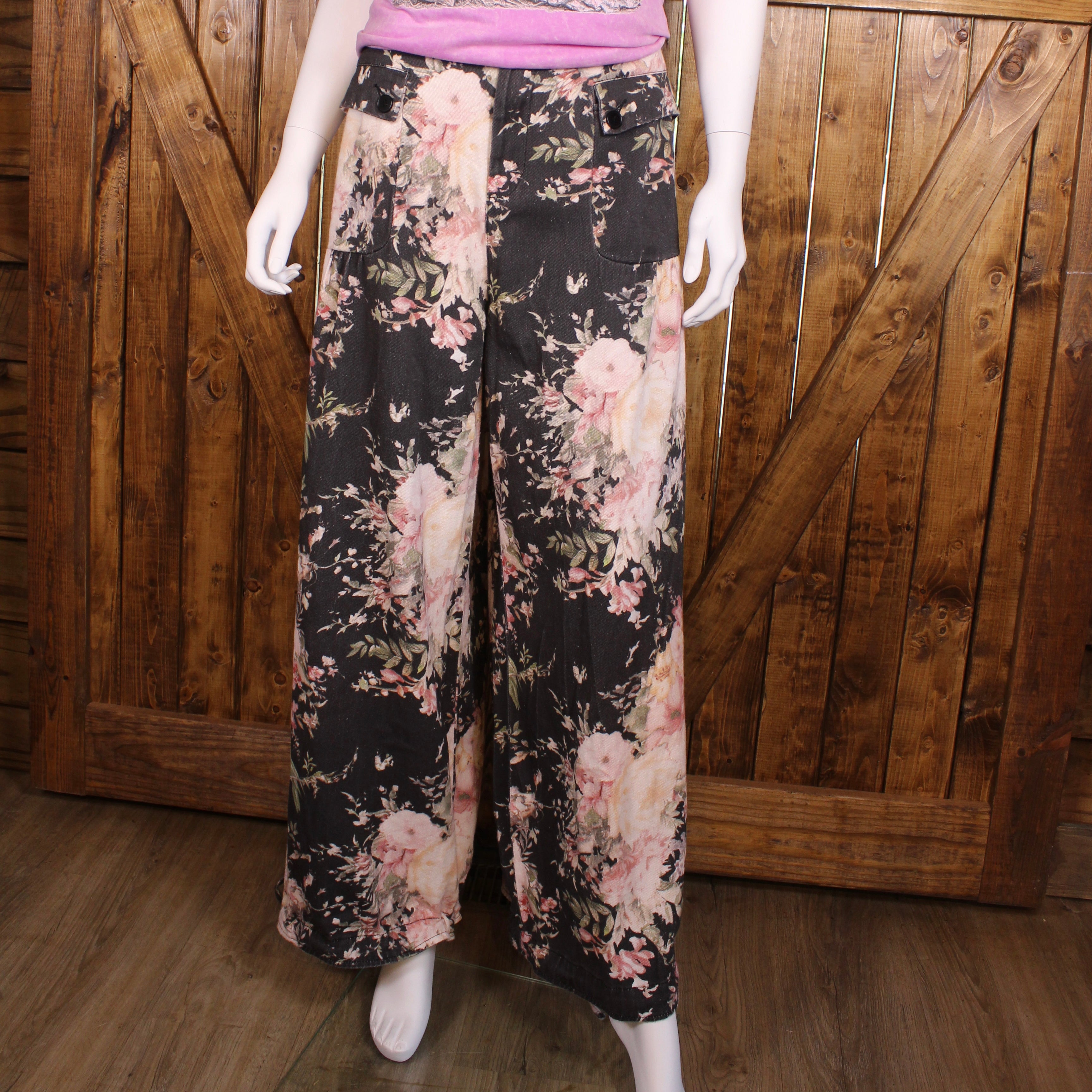 Printed Denim Wide Leg Pants Davi & Dani