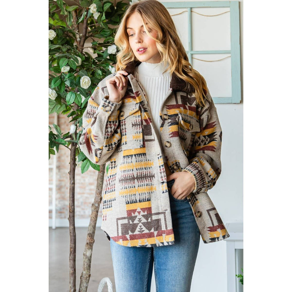 Taupe patterned thick knit shacket with buttons, patchwork design, and long sleeves