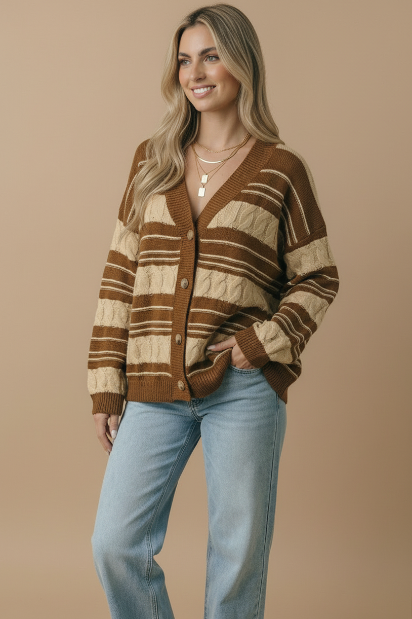Caramel striped cable V-neck button-down cardigan with button closure and long sleeves