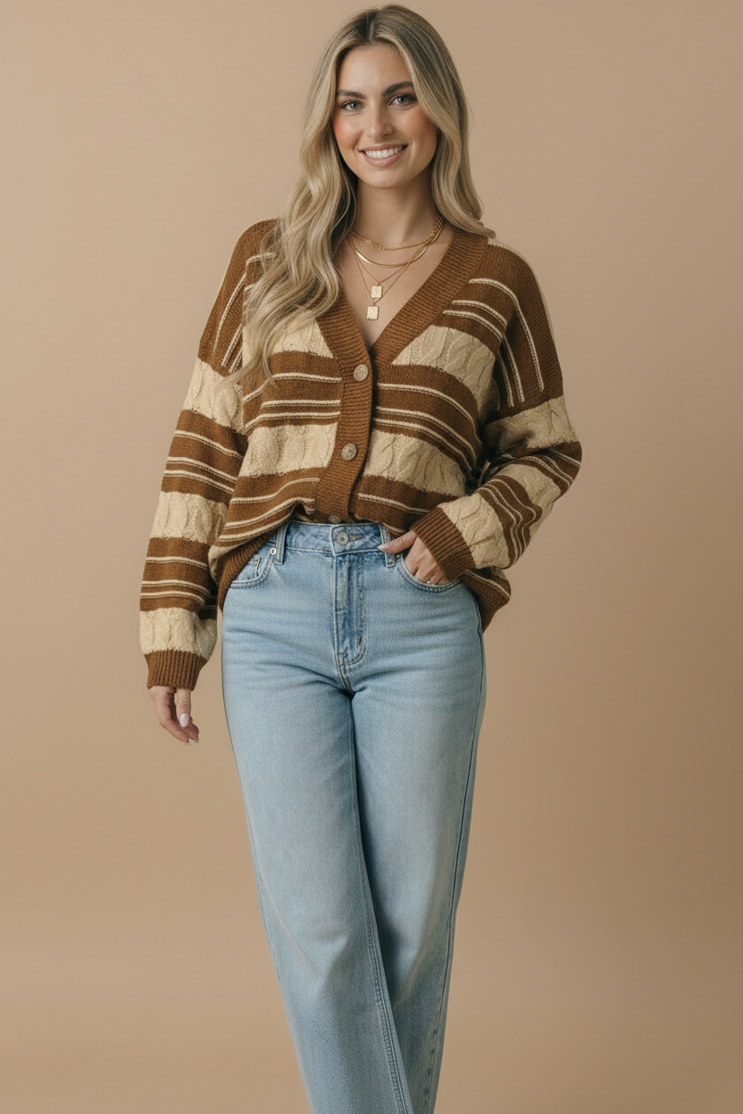 Caramel V-neck striped cable button-down cardigan with button front and ribbed cuffs