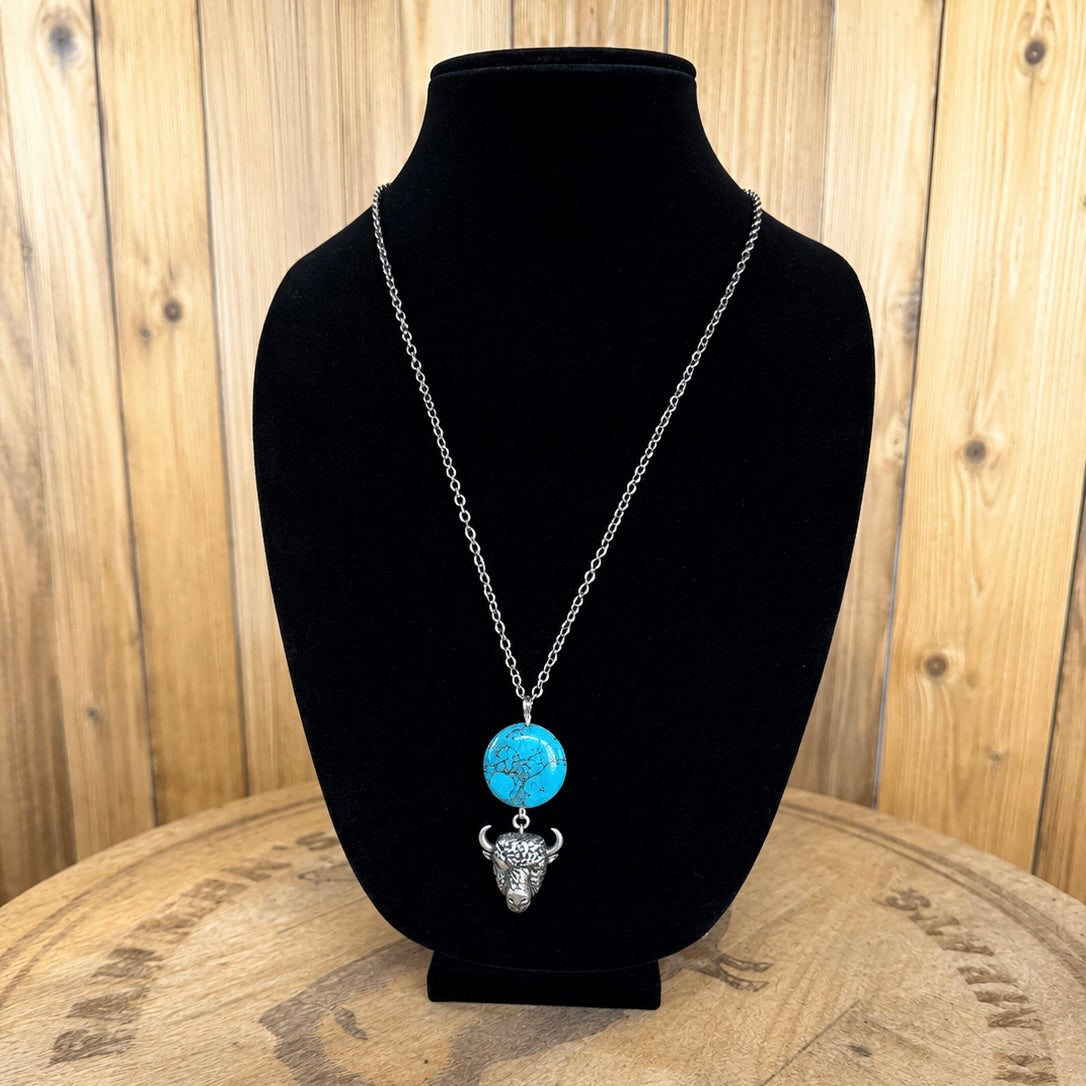 Turquoise buffalo pendant necklace with silver chain and round turquoise charm
