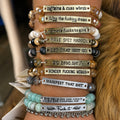 Sassy sayings bracelet with stacked bead strands and metal bar charms with engraved text