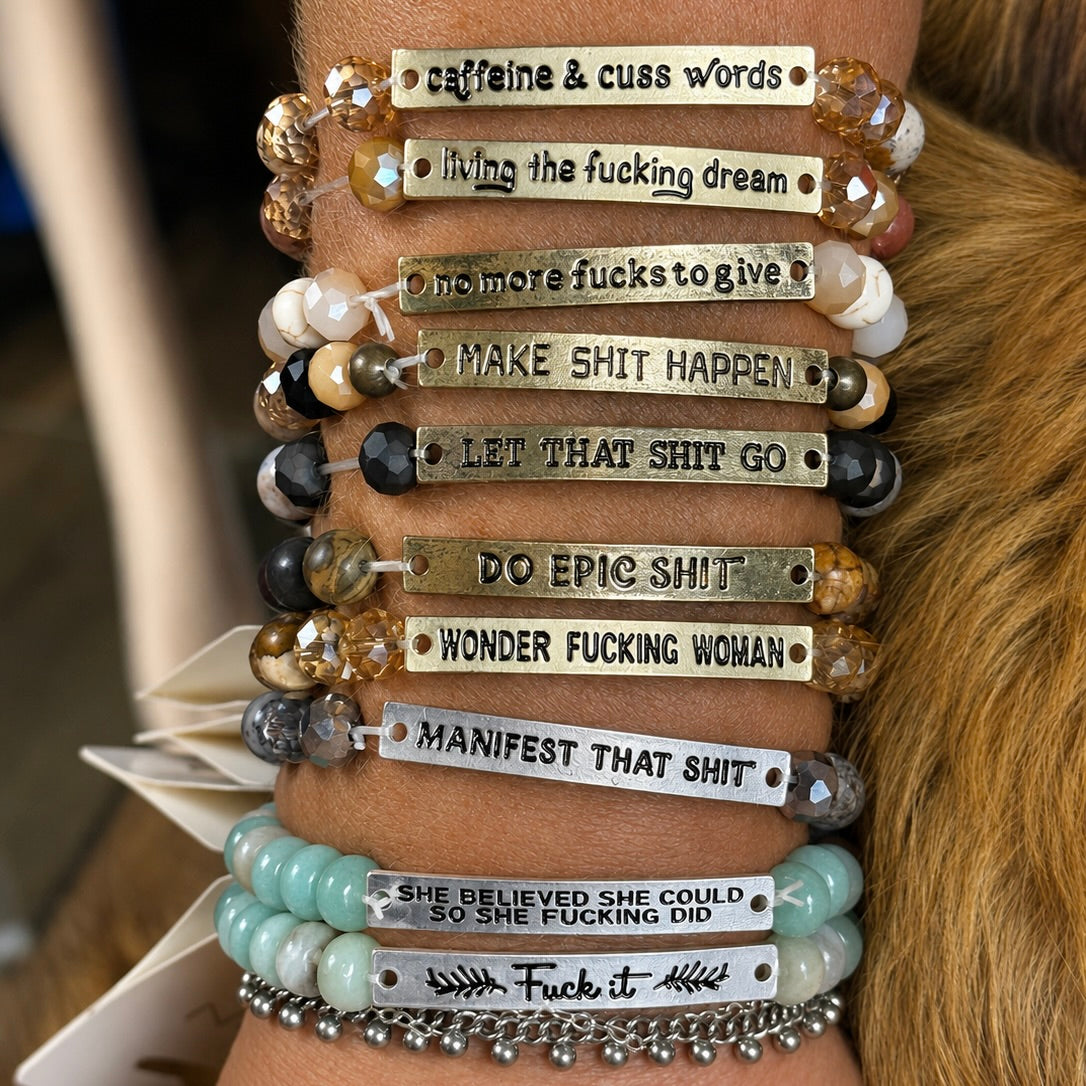 Sassy sayings bracelet with stacked bead strands and metal bar charms with engraved text