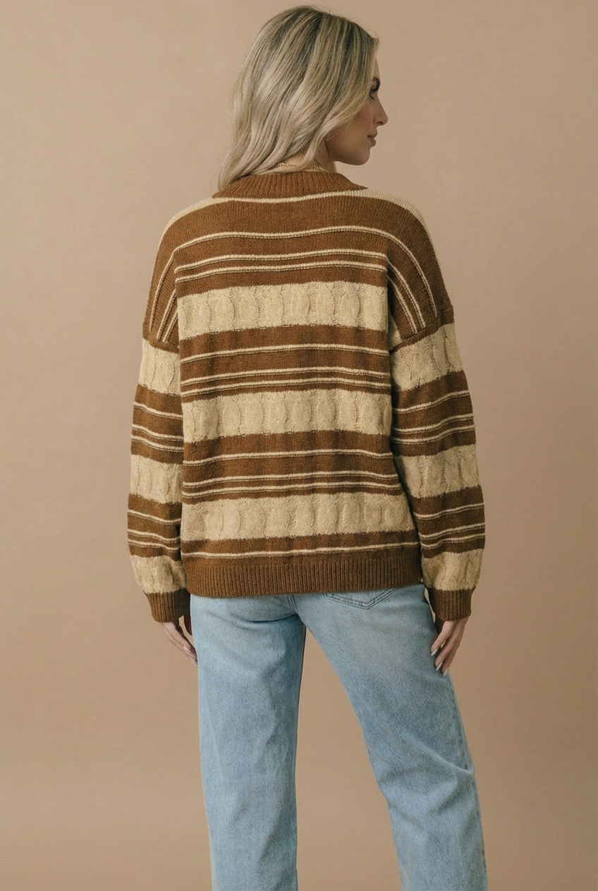 Caramel striped cable V-neck button-down cardigan back view with ribbed hem