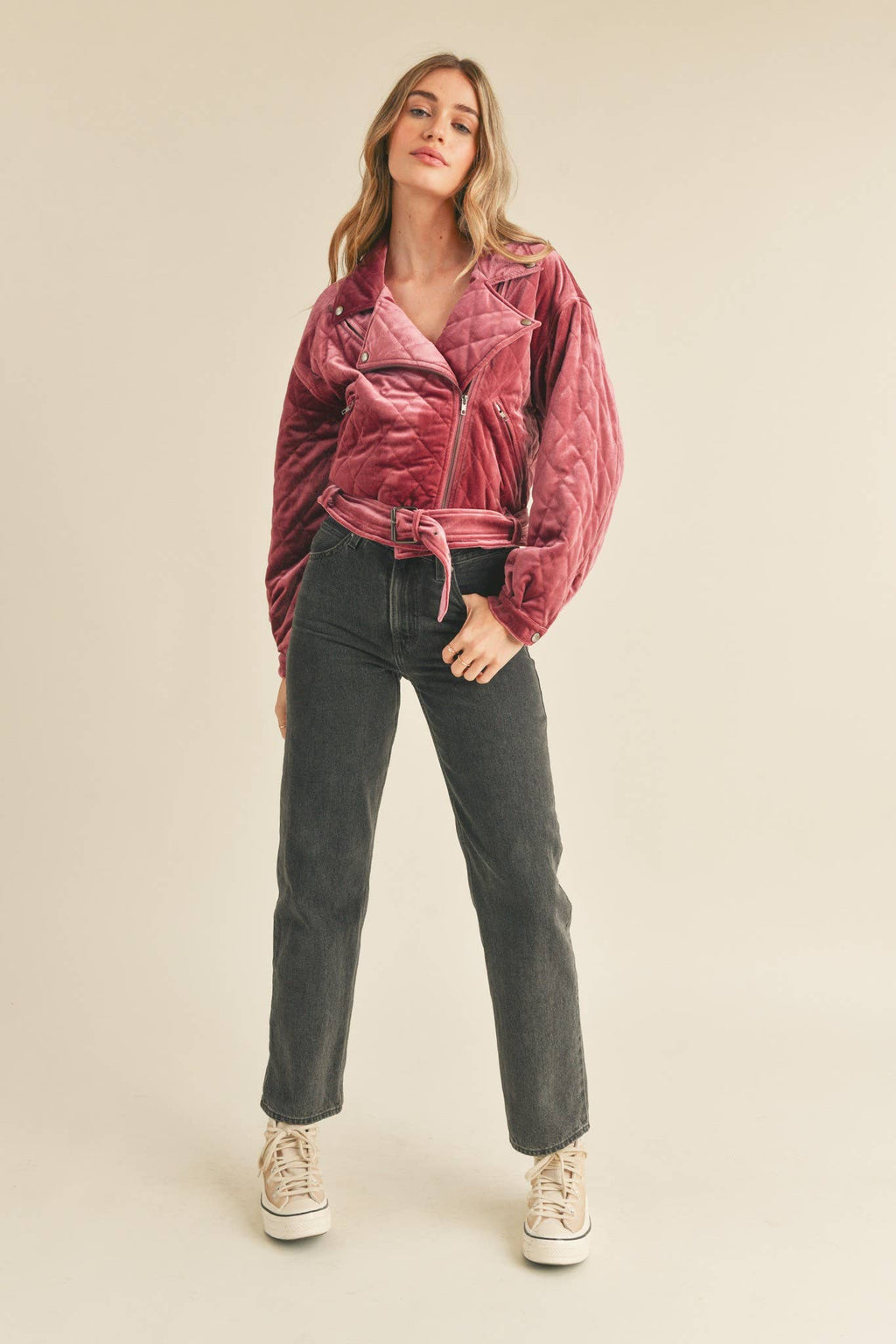 Dark antique mauve quilted velvet moto jacket with zip front and waist belt tie