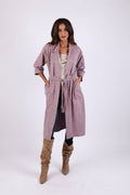 Lavender long cotton cardigan robe with tied waist belt and open front, side pockets