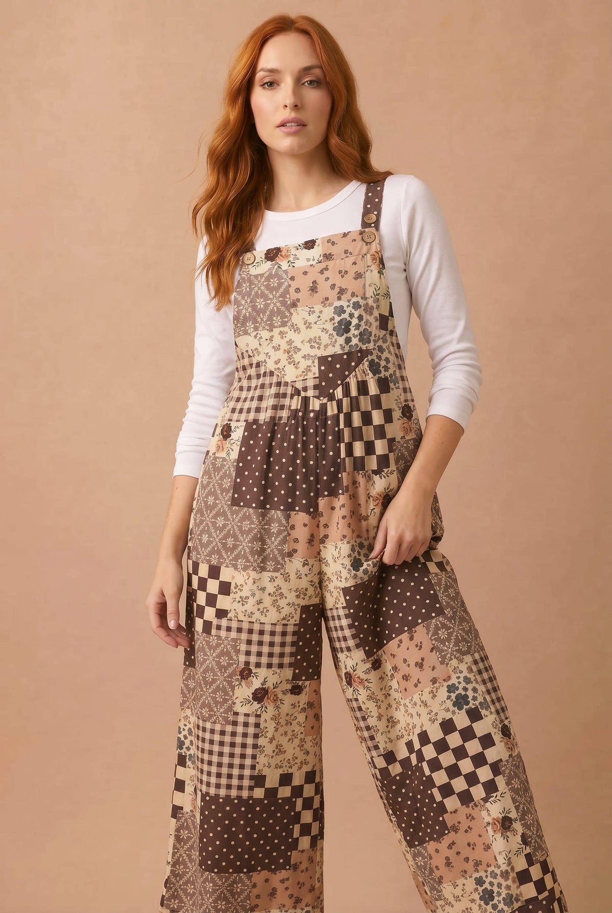Brown floral patchwork wide-leg overalls with front bib and patchwork panels