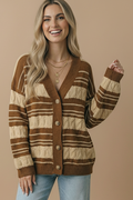Caramel V-neck striped cable button-down cardigan with button front and long sleeves