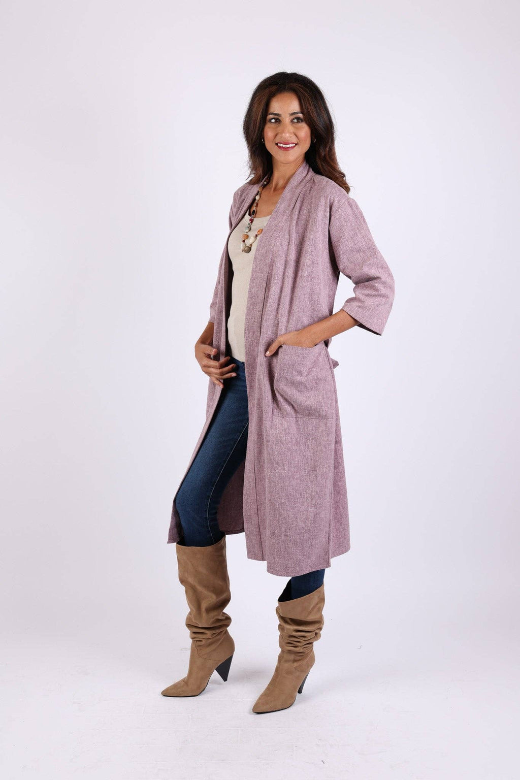 Lavender long cardigan robe with waist tie belt, open front over dark pants