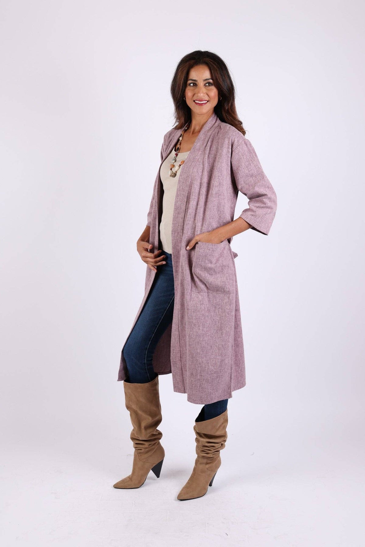 Lavender long cardigan robe with waist tie belt, open front over dark pants