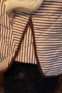 Brown striped quilted puffer vest with dark button placket and drawstring hem