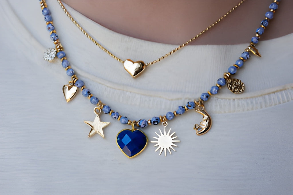 Celestial Layered Charm Necklace with Blue Stone Pendant