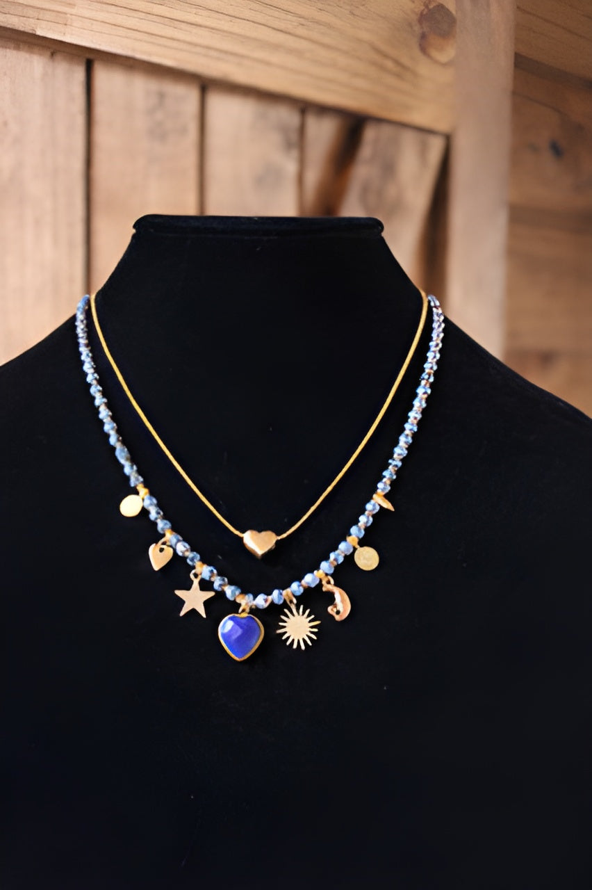 Celestial Layered Charm Necklace with Blue Stone Pendant