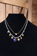 Celestial Layered Charm Necklace with Blue Stone Pendant