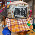 Cornmeal patch plaid cap with front graphic and small embroidered green chili