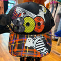 Halloween patchwork hat with black top, plaid band, embroidered ghost, skull and bat