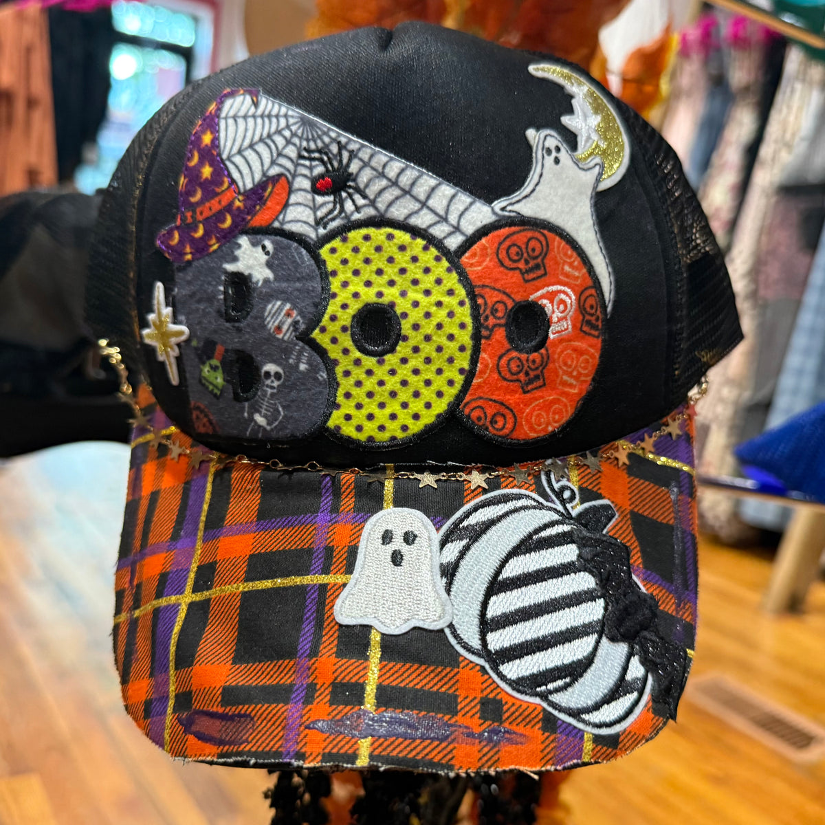 Halloween patchwork hat with black top, plaid band, embroidered ghost, skull and bat