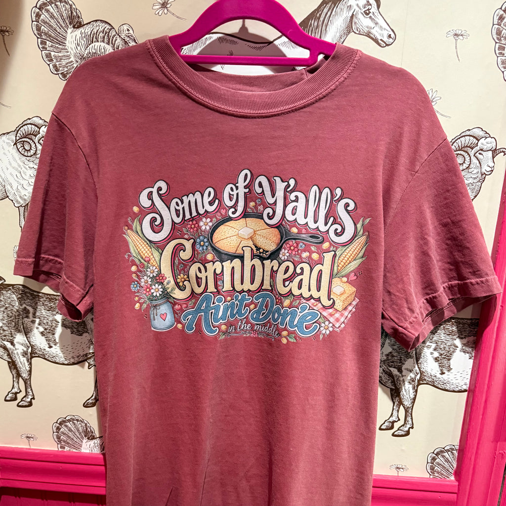 Cornbread graphic T-shirt, heather plum, front text and skillet image