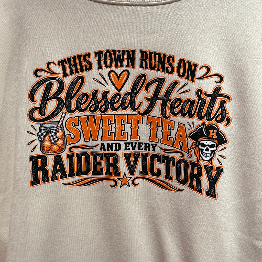 Cream sweatshirt graphic: Blessed Hearts Sweet Tea Raider Victory