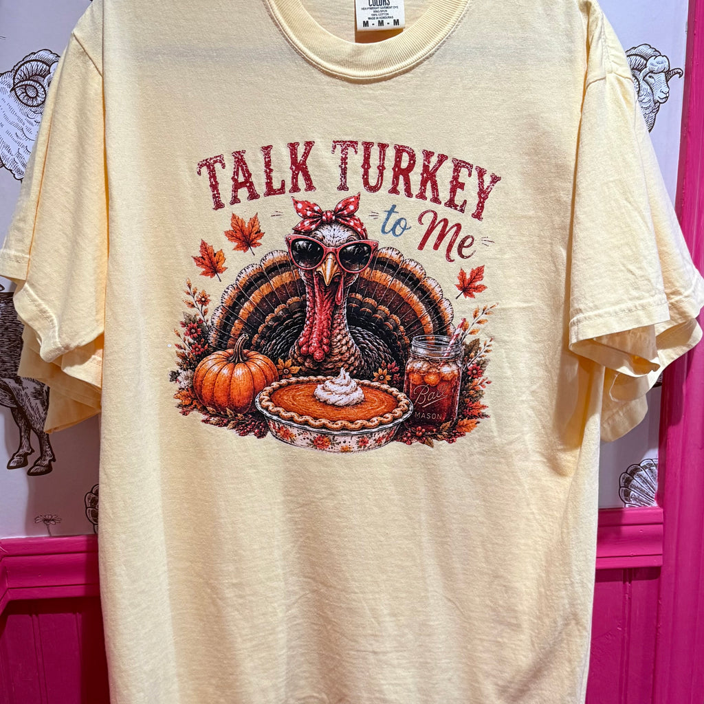 Cream short-sleeve T-shirt with colorful turkey, pumpkin, and pie graphic