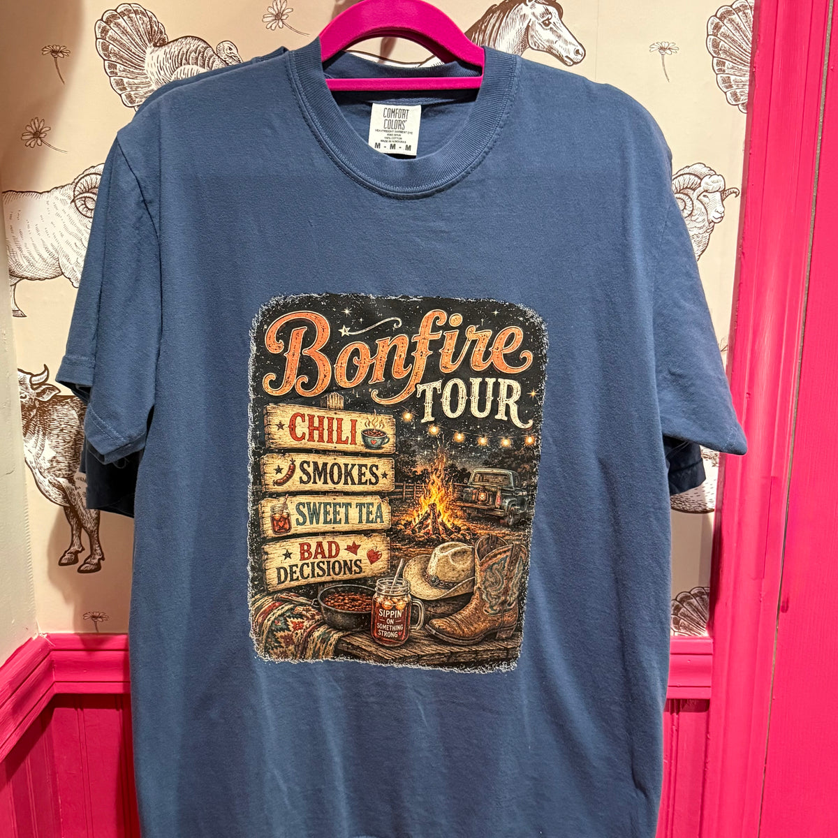 Blue Bonfire Tour graphic T-shirt with front logo and fire scene