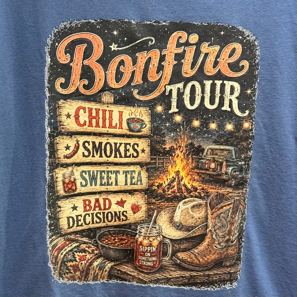 Blue Bonfire Tour graphic T-shirt close-up of fire truck and text