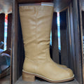 Camel knee-high pull-on boots with stitched shaft and block heel