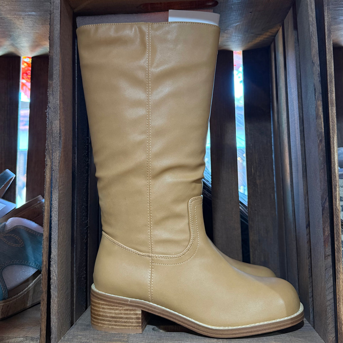 Camel knee-high pull-on boots with stitched shaft and block heel