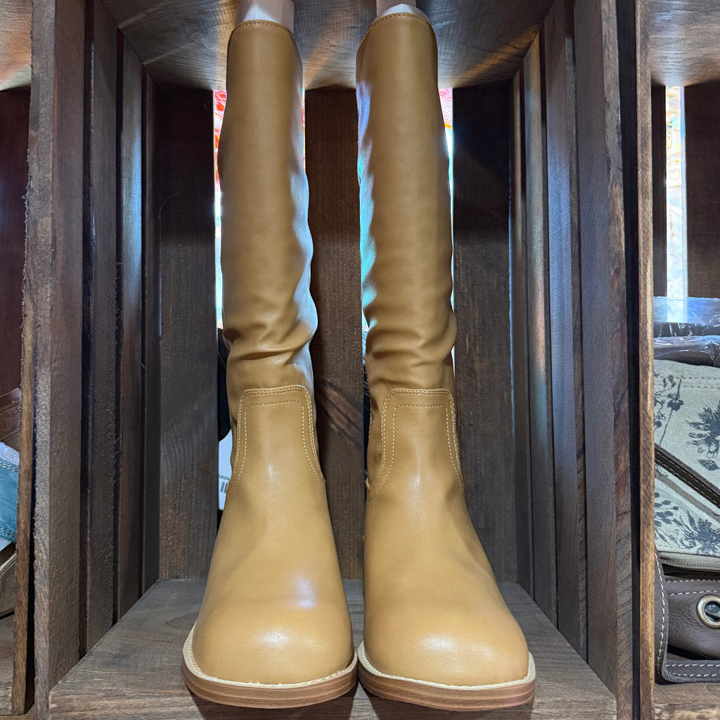 Pair of camel knee-high pull-on boots with stitched details and block heels