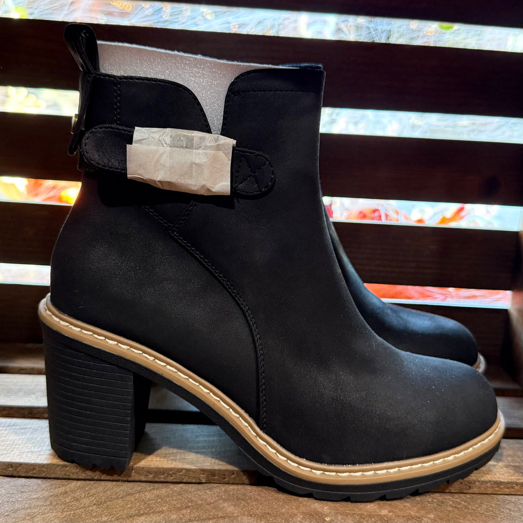 Black side-zip ankle boot with chunky stacked heel and tan-edged sole trim