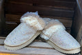 Light glitter slip-on slippers with white faux-fur cuff and cushioned sole