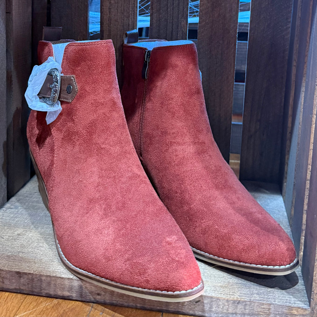 Corky's On The Lookout rust faux suede ankle boots with side zipper and tan soles
