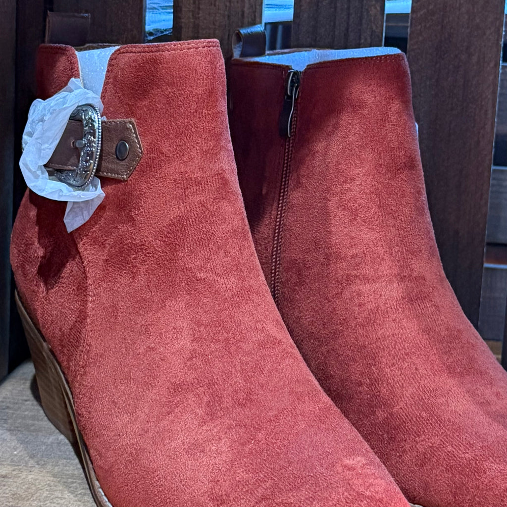 Corky's On The Lookout rust faux suede ankle boots with side zipper detail