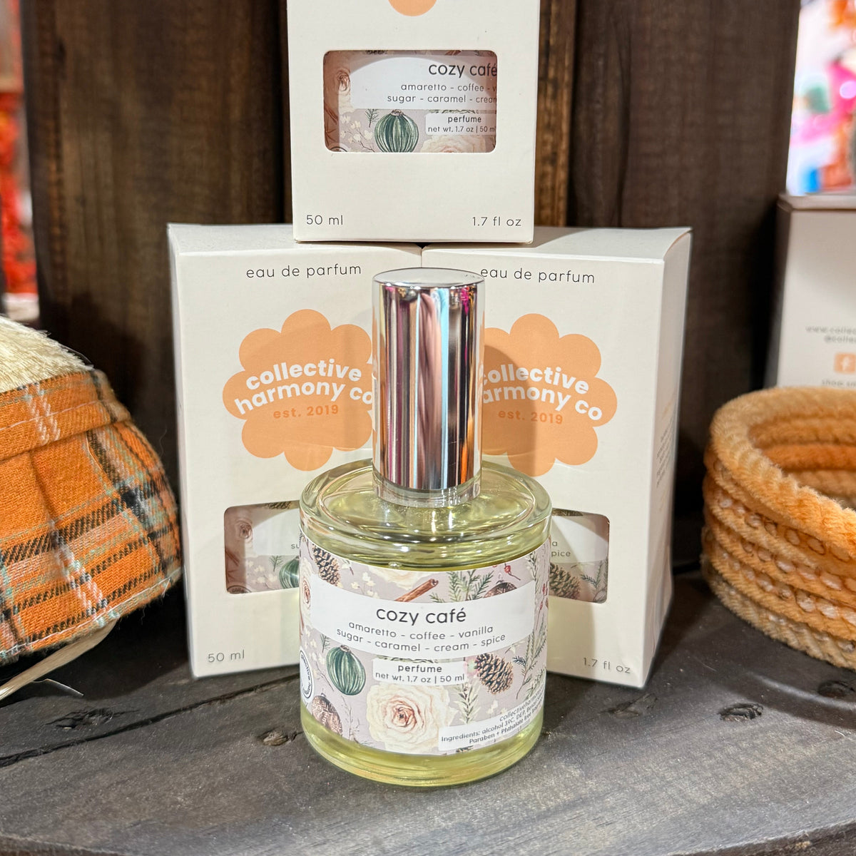 Cozy café eau de parfum in clear glass bottle with silver cap