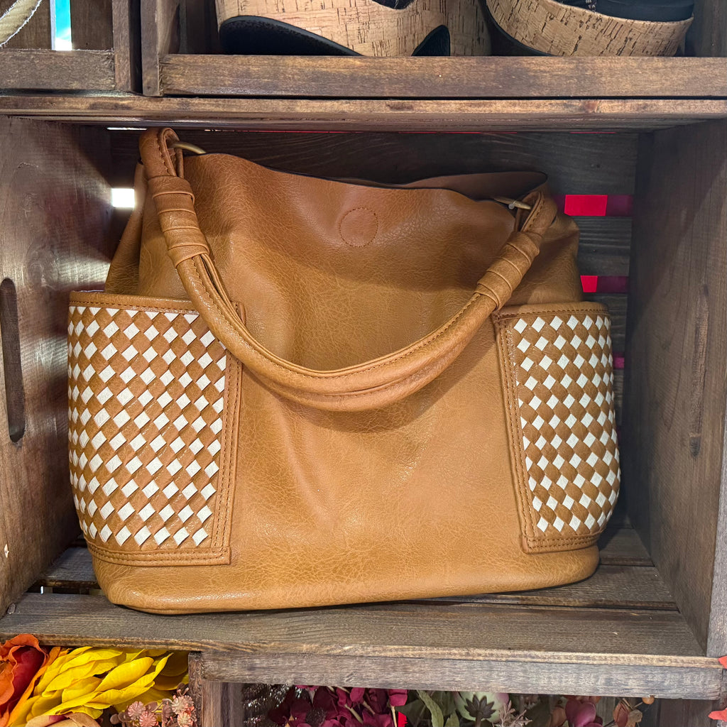 2-piece handbag set with tan leather hobo bag and woven diamond side pockets